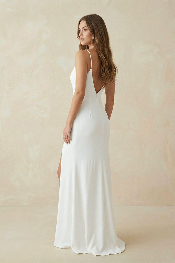 V Neck Mermaid Satin Maxi Wedding Dress With Slit - SHE IS ME Wedding Dresses