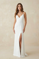 V Neck Mermaid Satin Maxi Wedding Dress With Slit - SHE IS ME Wedding Dresses