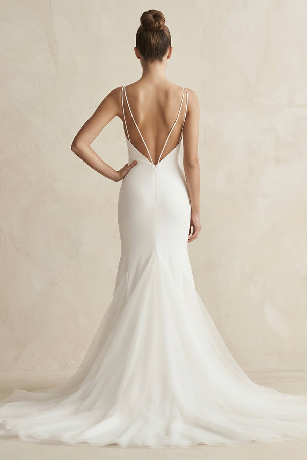 V - Neck Mermaid Satin Ruched Wedding Dress in White - SHE IS ME Wedding Dresses