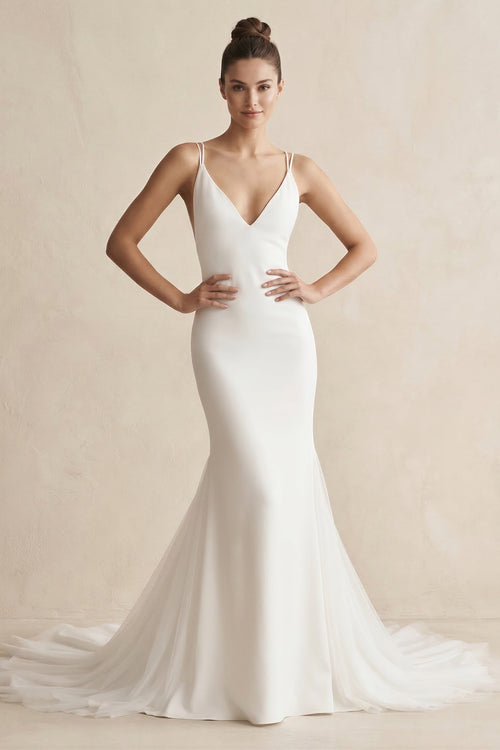V - Neck Mermaid Satin Ruched Wedding Dress in White - SHE IS ME Wedding Dresses