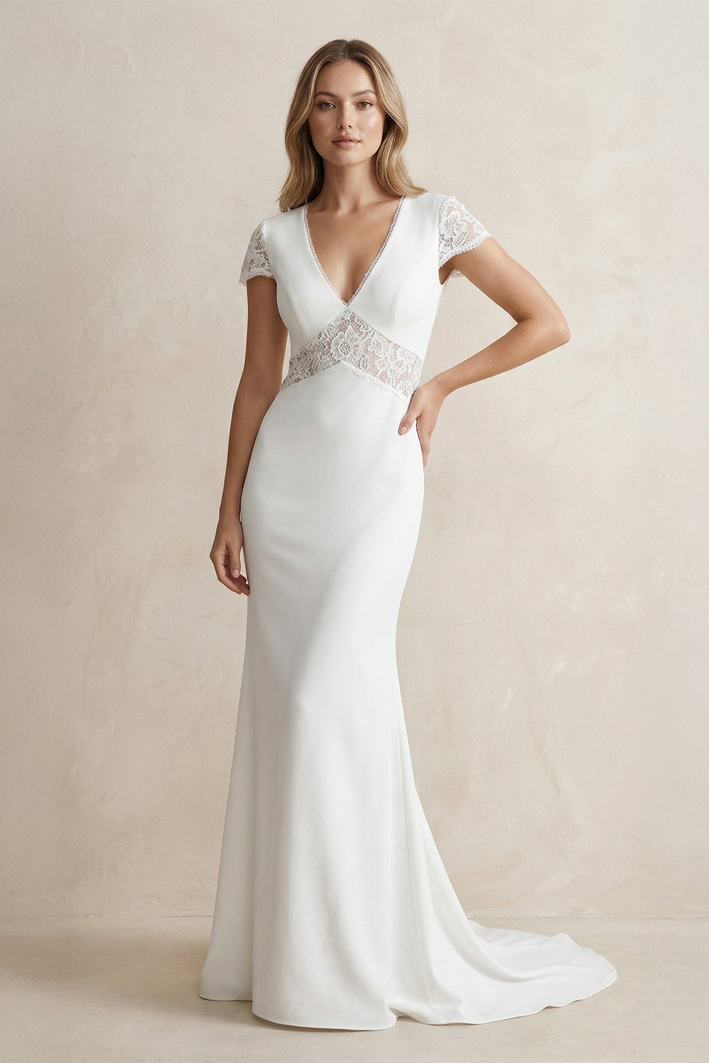 V Neck Mermaid Short Sleeves Satin Wedding Dress in White - SHE IS ME Wedding Dresses