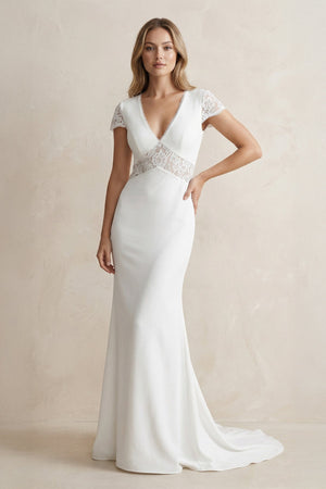 V Neck Mermaid Short Sleeves Satin Wedding Dress in White - SHE IS ME Wedding Dresses