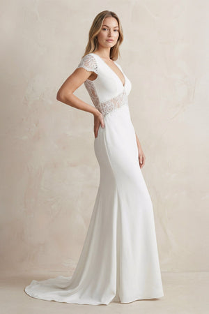 V Neck Mermaid Short Sleeves Satin Wedding Dress in White - SHE IS ME Wedding Dresses