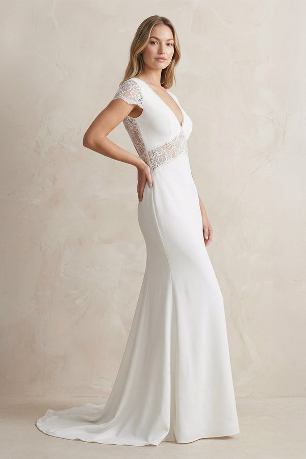 V Neck Mermaid Short Sleeves Satin Wedding Dress in White - SHE IS ME Wedding Dresses