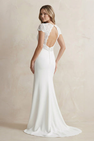 V Neck Mermaid Short Sleeves Satin Wedding Dress in White - SHE IS ME Wedding Dresses