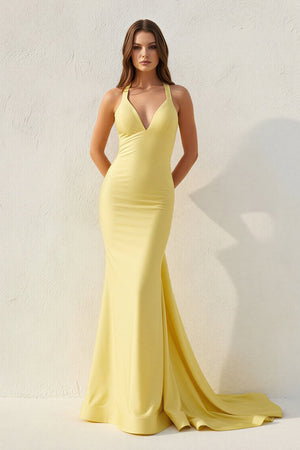 V Neck Open Back Maxi Dress in Yellow - SHE IS ME