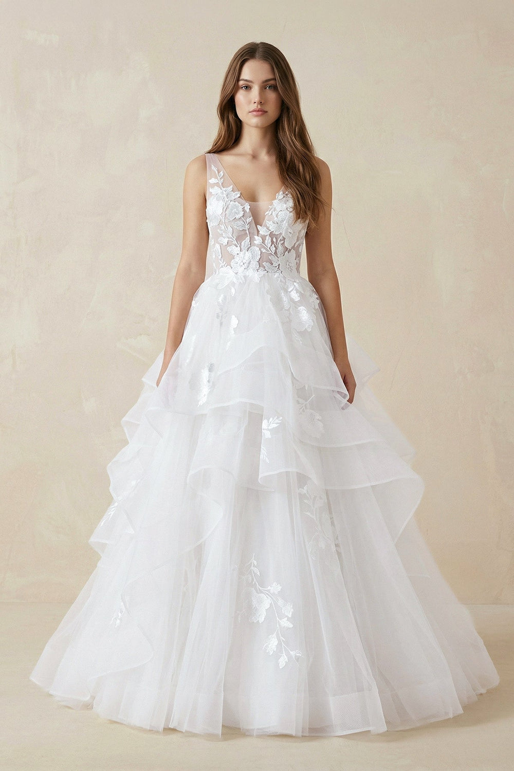 V - Neck Organza A - Line Wedding Dress with Appliqué - SHE IS ME Wedding Dresses