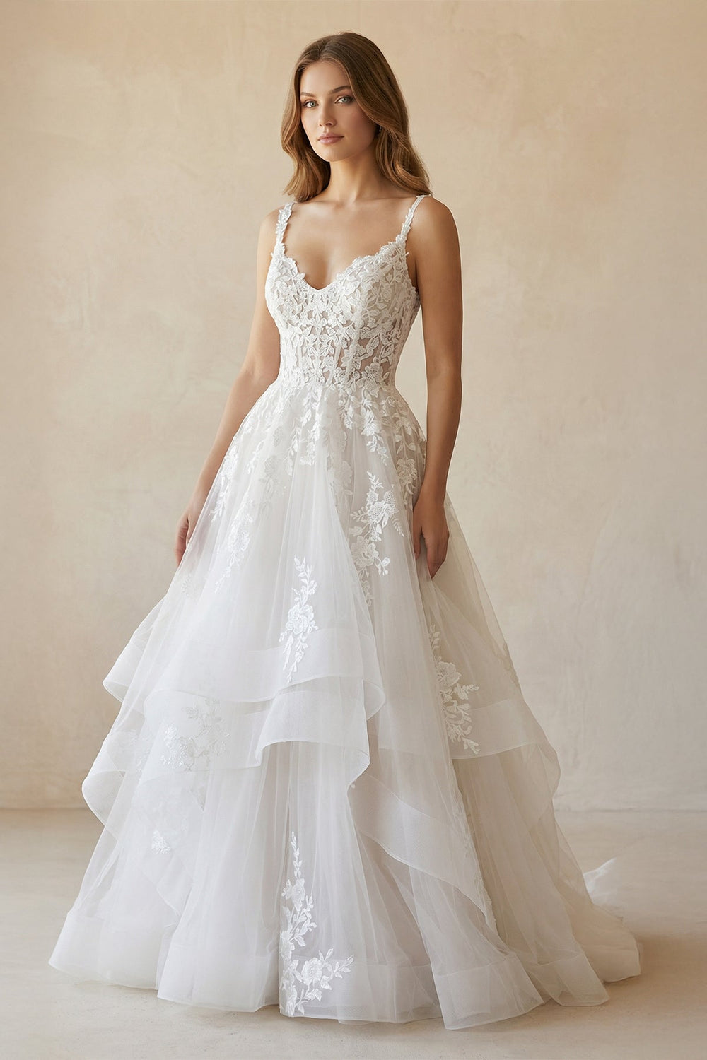 V - Neck Organza Appliqued A - Line Wedding Dress in White - SHE IS ME Wedding Dresses