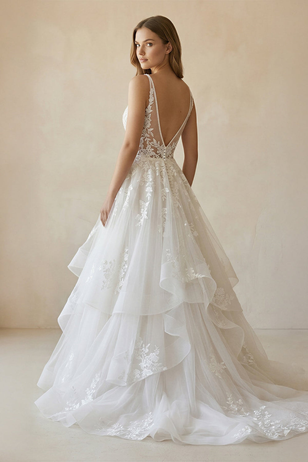 V - Neck Organza Appliqued A - Line Wedding Dress in White - SHE IS ME Wedding Dresses