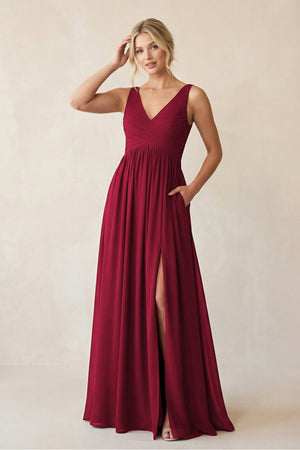 V - Neck Pleated A - Line Chiffon Bridesmaid Dress in Berry - SHE IS ME Bridesmaid Dresses