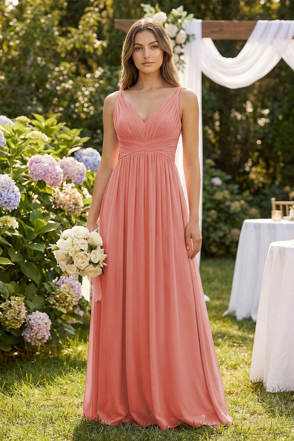 V-Neck Pleated A-Line Chiffon Bridesmaid Dress in Mulberry - SHE IS ME BRIDESMAID DRESSES
