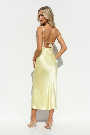 V Neck Pleated Midi Dress With Cutout in Yellow - SHE IS ME
