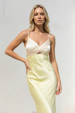 V Neck Pleated Midi Dress With Cutout in Yellow - SHE IS ME