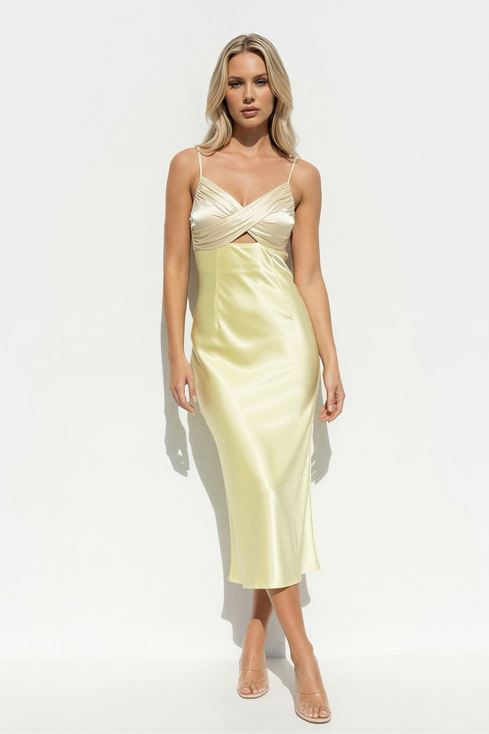 V Neck Pleated Midi Dress With Cutout in Yellow - SHE IS ME