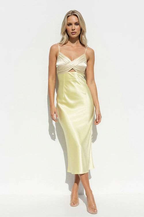 V Neck Pleated Midi Dress With Cutout in Yellow - SHE IS ME