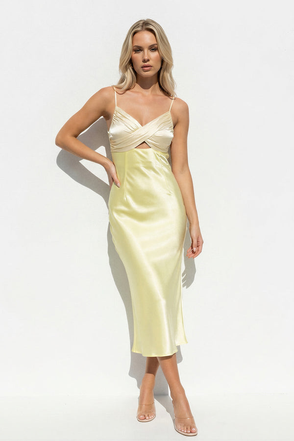 V Neck Pleated Midi Dress With Cutout in Yellow - SHE IS ME