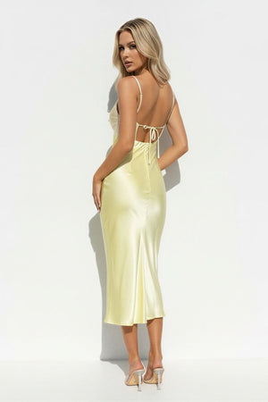 V Neck Pleated Midi Dress With Cutout in Yellow - SHE IS ME