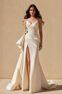 V Neck Pleated Prom Dress With Floral in Ivory - SHE IS ME PROM DRESSES