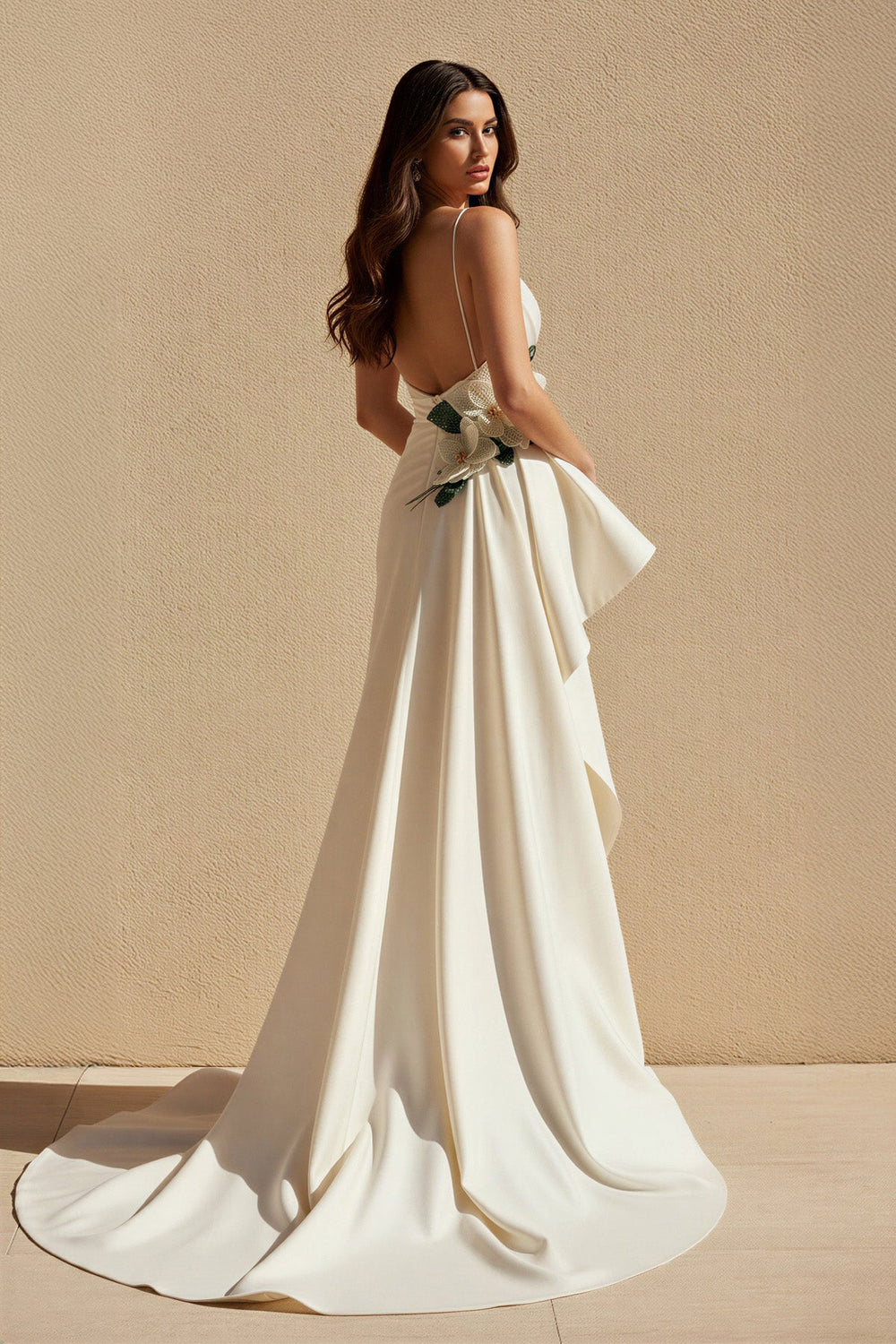 V Neck Pleated Prom Dress With Floral in Ivory - SHE IS ME PROM DRESSES