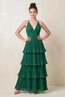 V - Neck Pleated Tiered Chiffon Long Prom Dress in Dark Green - SHE IS ME Prom Dresses