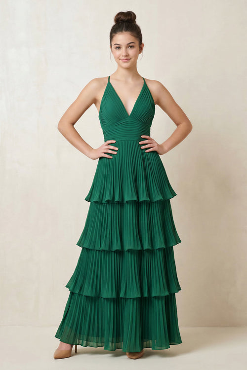 V - Neck Pleated Tiered Chiffon Long Prom Dress in Dark Green - SHE IS ME Prom Dresses