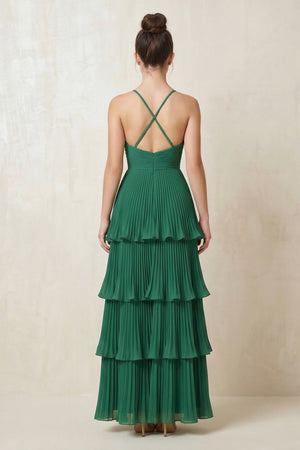 V - Neck Pleated Tiered Chiffon Long Prom Dress in Dark Green - SHE IS ME Prom Dresses