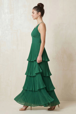 V - Neck Pleated Tiered Chiffon Long Prom Dress in Dark Green - SHE IS ME Prom Dresses