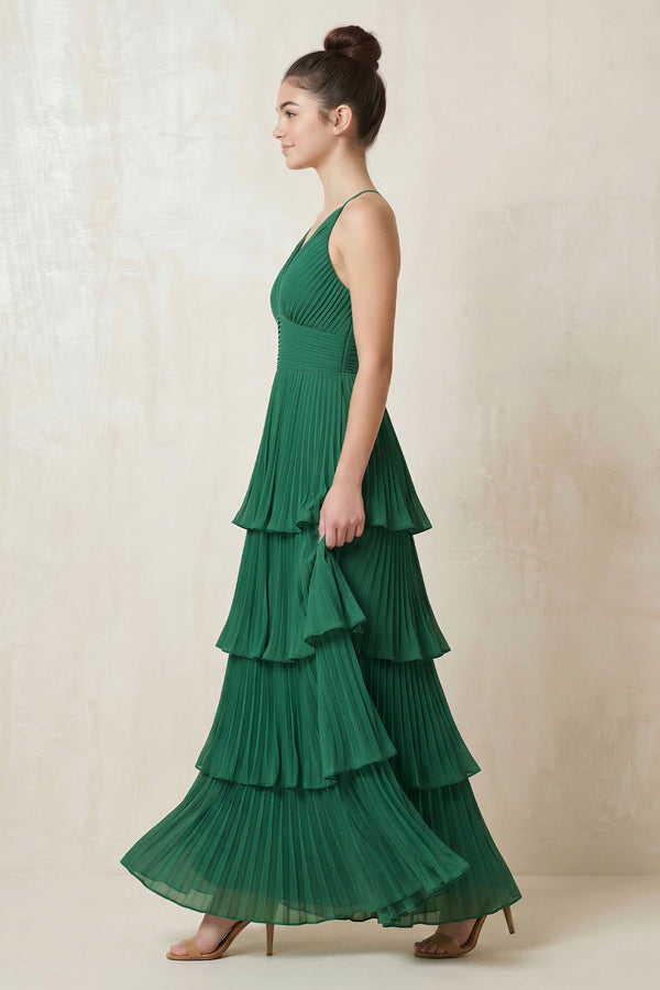 V - Neck Pleated Tiered Chiffon Long Prom Dress in Dark Green - SHE IS ME Prom Dresses
