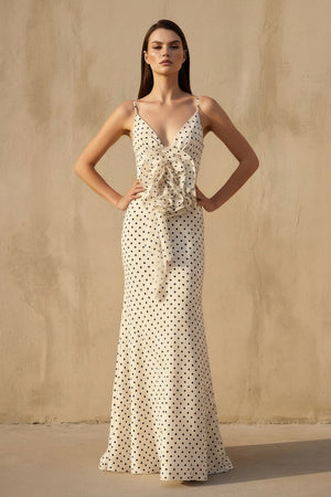 V Neck Polka Dot Ruffled Maxi Dress in Ivory - SHE IS ME