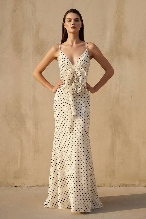 V Neck Polka Dot Ruffled Maxi Dress in Ivory - SHE IS ME
