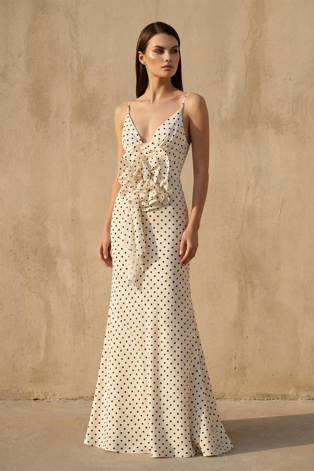 V Neck Polka Dot Ruffled Maxi Dress in Ivory - SHE IS ME