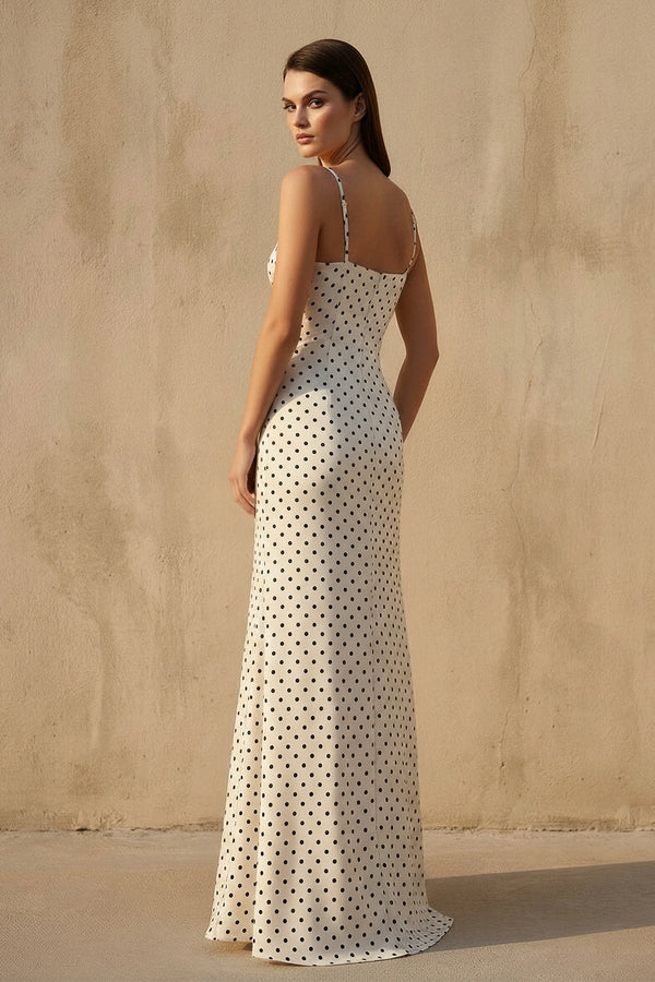 V Neck Polka Dot Ruffled Maxi Dress in Ivory - SHE IS ME