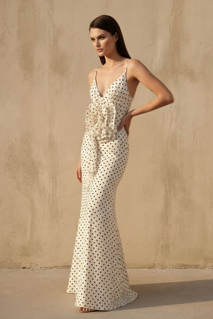 V Neck Polka Dot Ruffled Maxi Dress in Ivory - SHE IS ME
