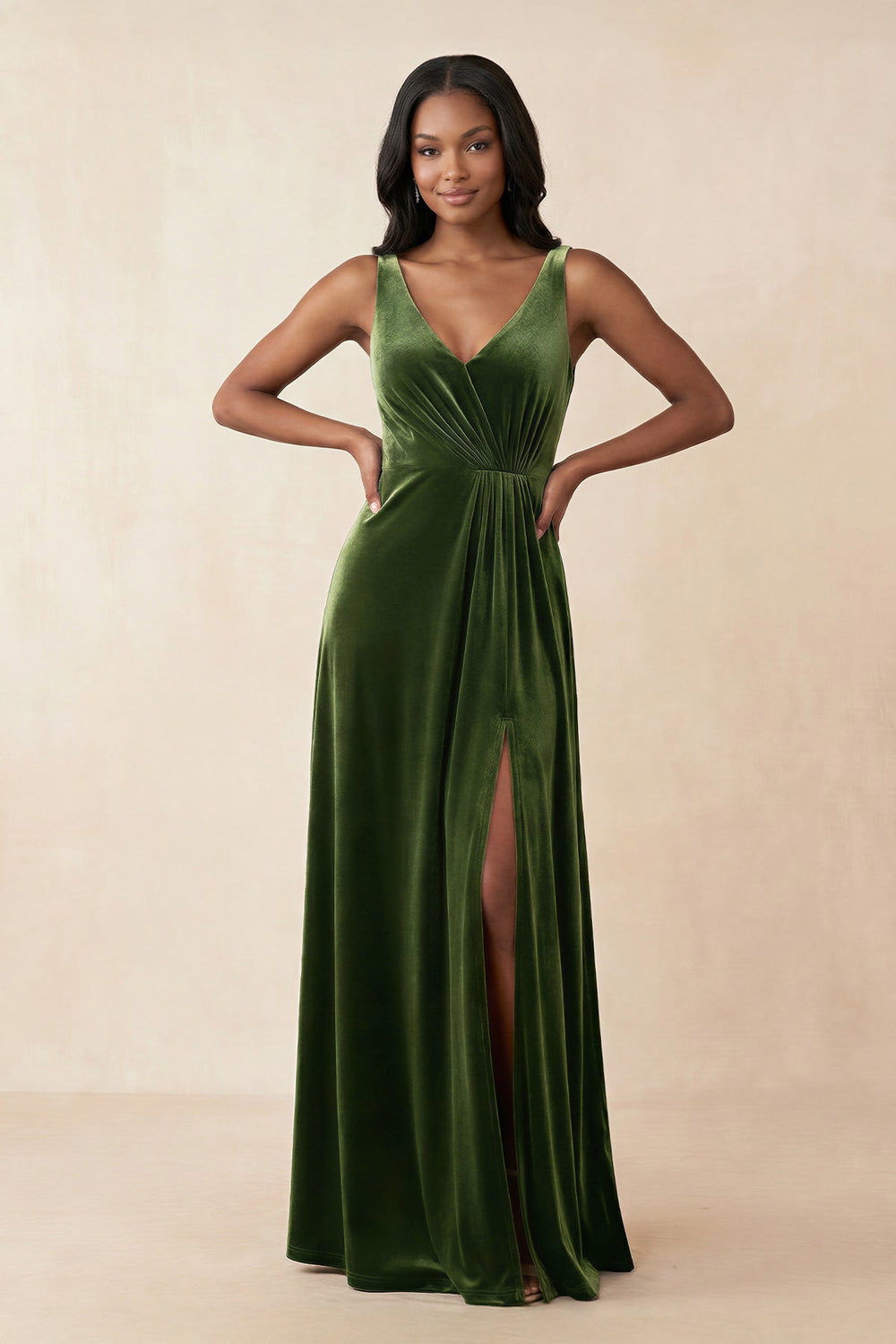V - Neck Ruched A - Line Velvet Bridesmaid Dress in Olive - SHE IS ME Bridesmaid Dresses