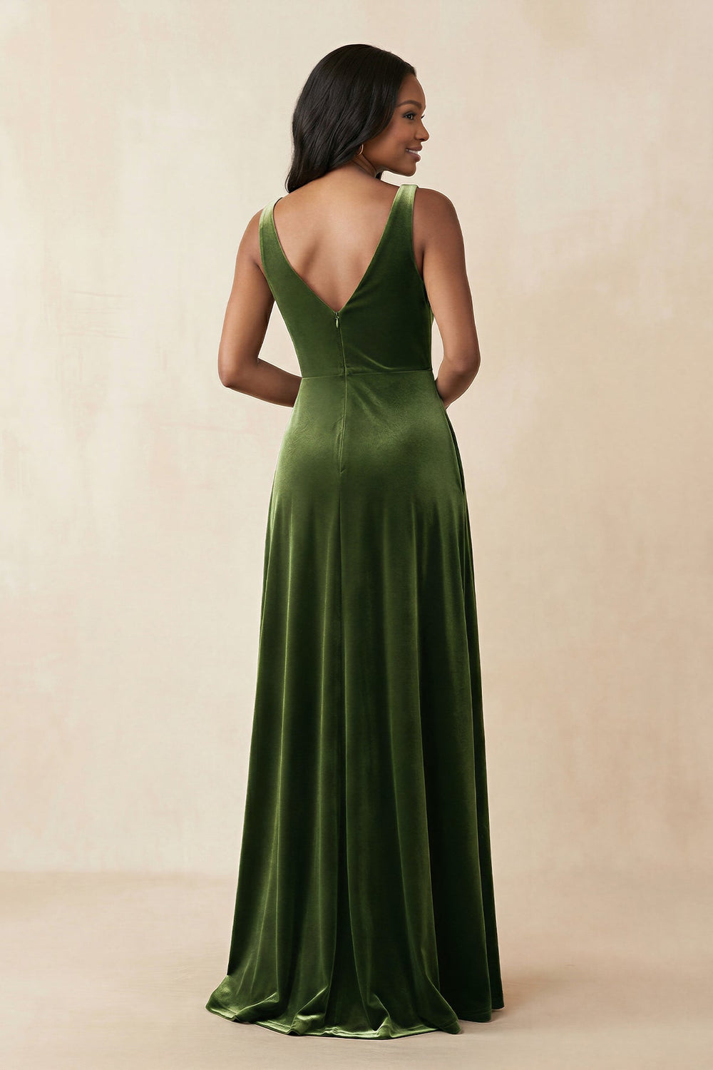 V - Neck Ruched A - Line Velvet Bridesmaid Dress in Olive - SHE IS ME Bridesmaid Dresses