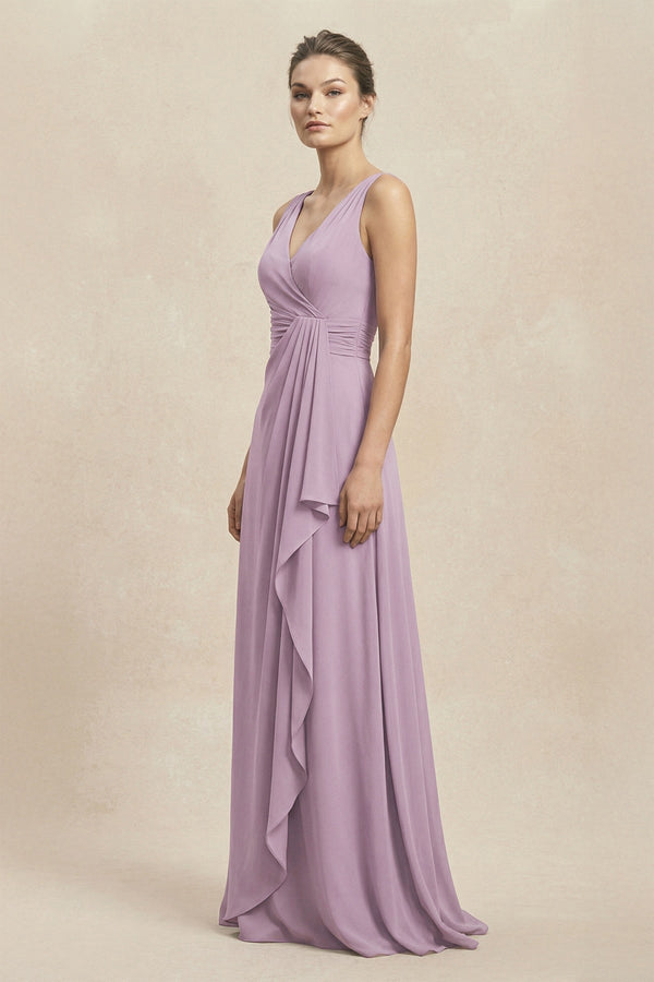V - Neck Ruffled Ruched Chiffon A - Line Bridesmaid Dress in Dusk - SHE IS ME Bridesmaid Dresses