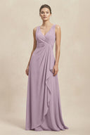 V - Neck Ruffled Ruched Chiffon A - Line Bridesmaid Dress in Dusk - SHE IS ME Bridesmaid Dresses