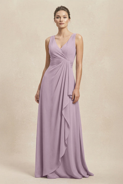 V - Neck Ruffled Ruched Chiffon A - Line Bridesmaid Dress in Dusk - SHE IS ME Bridesmaid Dresses