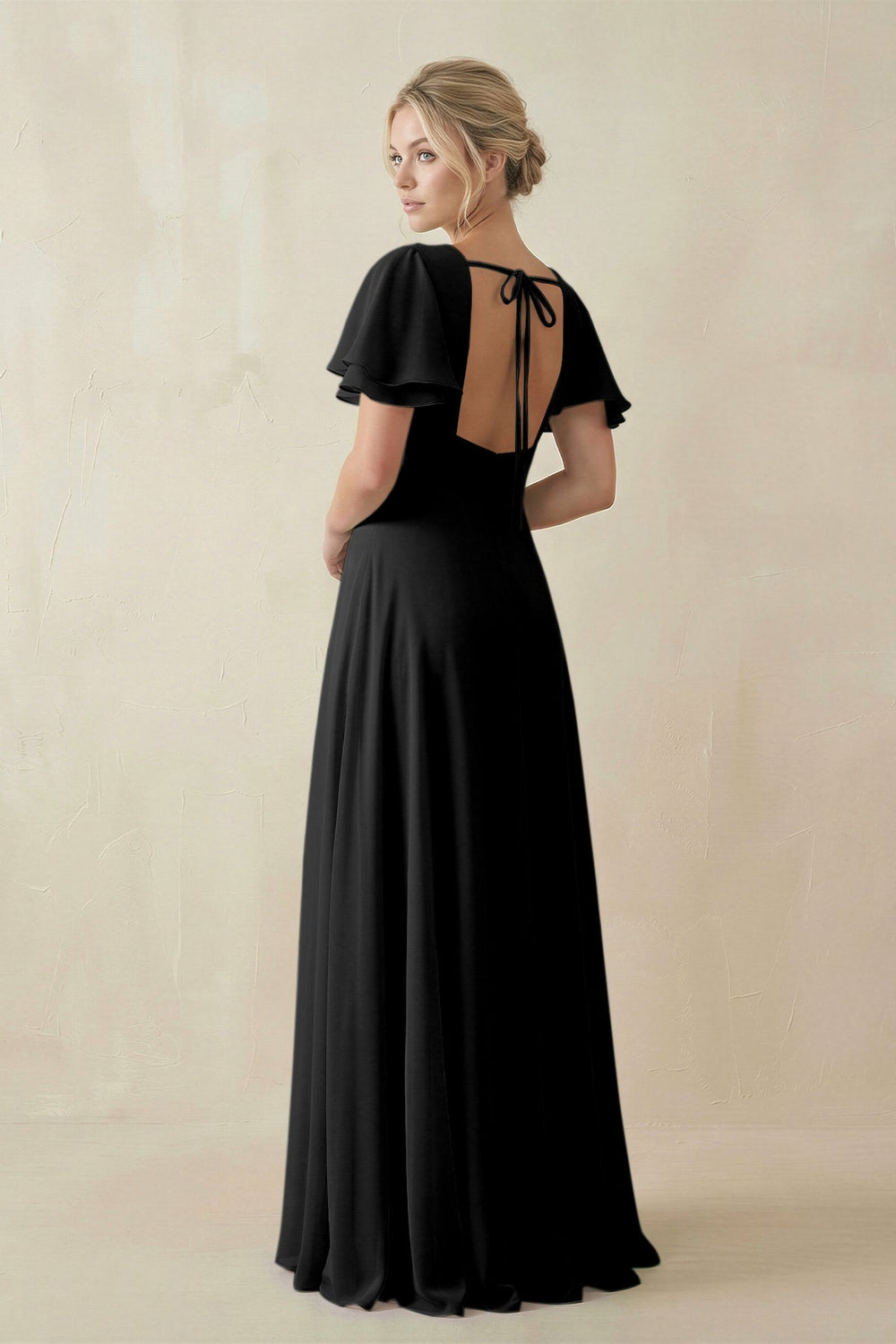 V - Neck Ruffled Short Sleeves A - Line Bridesmaid Dress in Black - SHE IS ME Bridesmaid Dresses