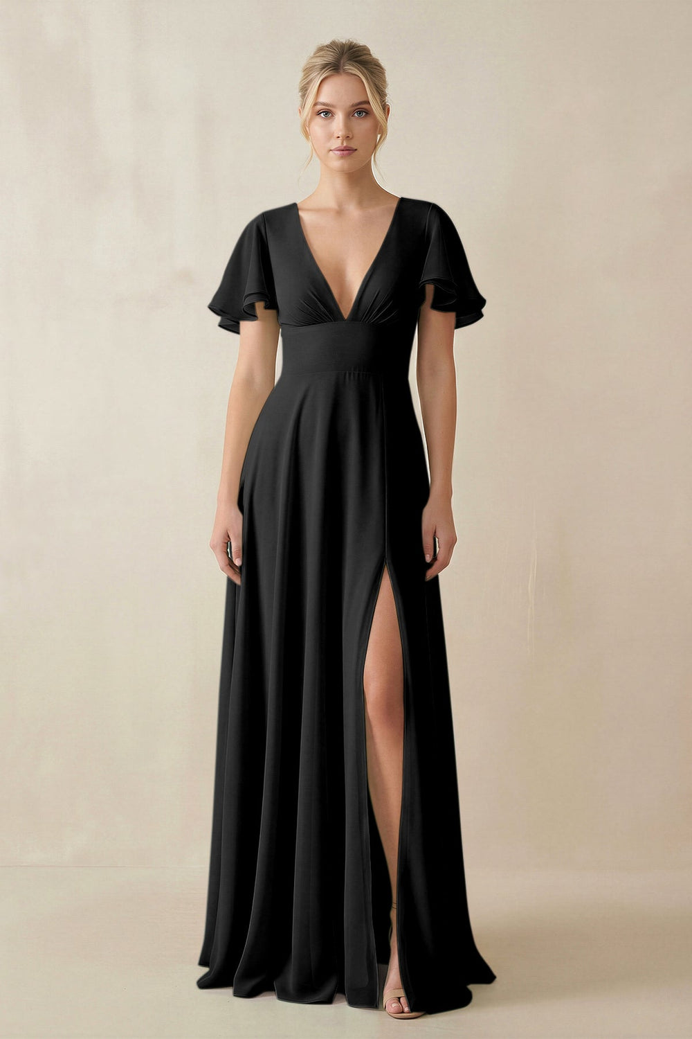 V - Neck Ruffled Short Sleeves A - Line Bridesmaid Dress in Black - SHE IS ME Bridesmaid Dresses