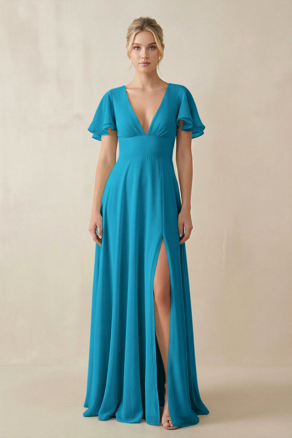 V - Neck Ruffled Short Sleeves A - Line Bridesmaid Dress in Blue Jay - SHE IS ME Bridesmaid Dresses