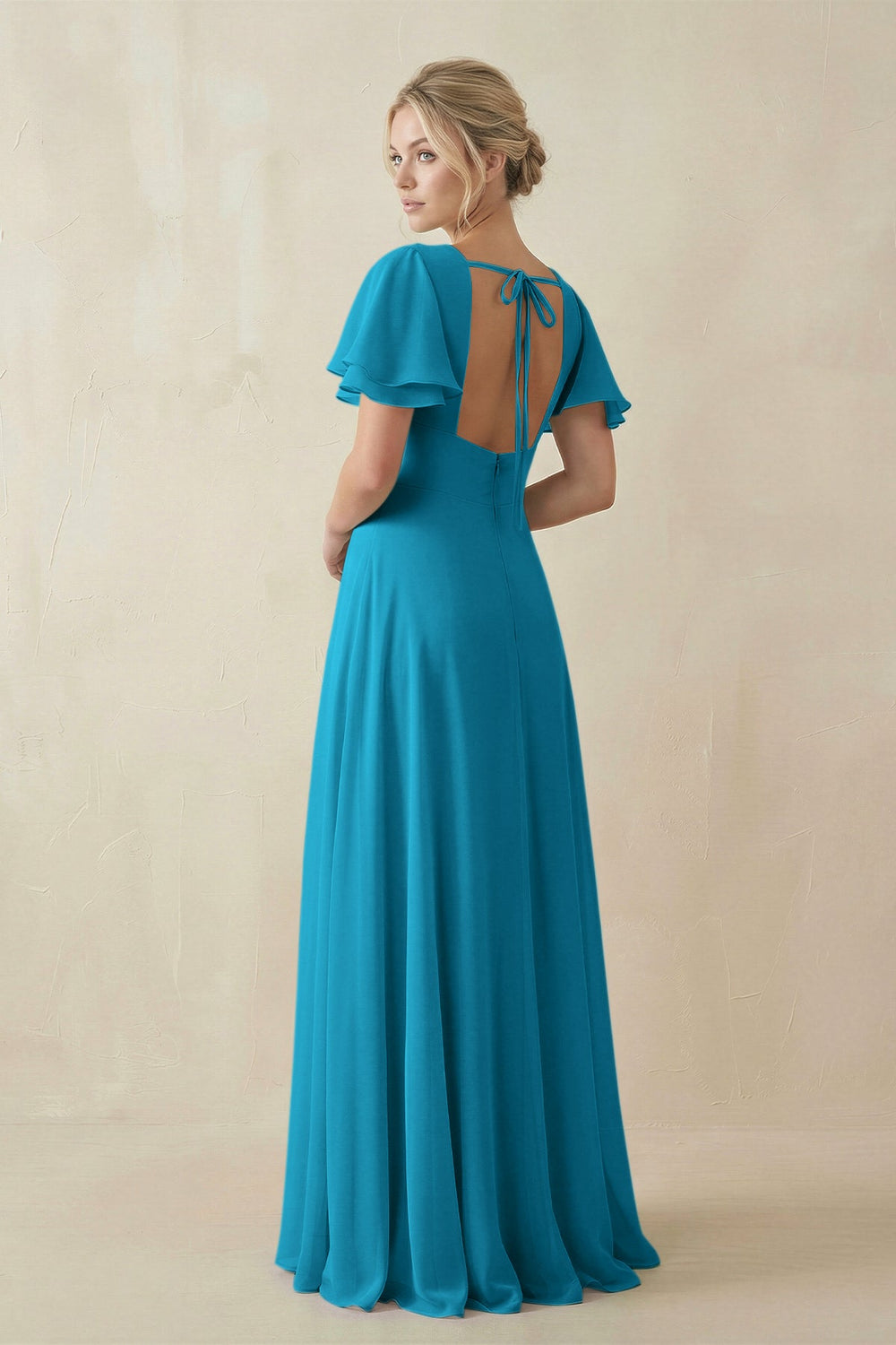V - Neck Ruffled Short Sleeves A - Line Bridesmaid Dress in Blue Jay - SHE IS ME Bridesmaid Dresses