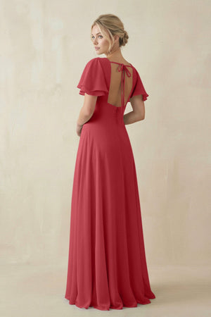 V - Neck Ruffled Short Sleeves A - Line Bridesmaid Dress in c - SHE IS ME Bridesmaid Dresses