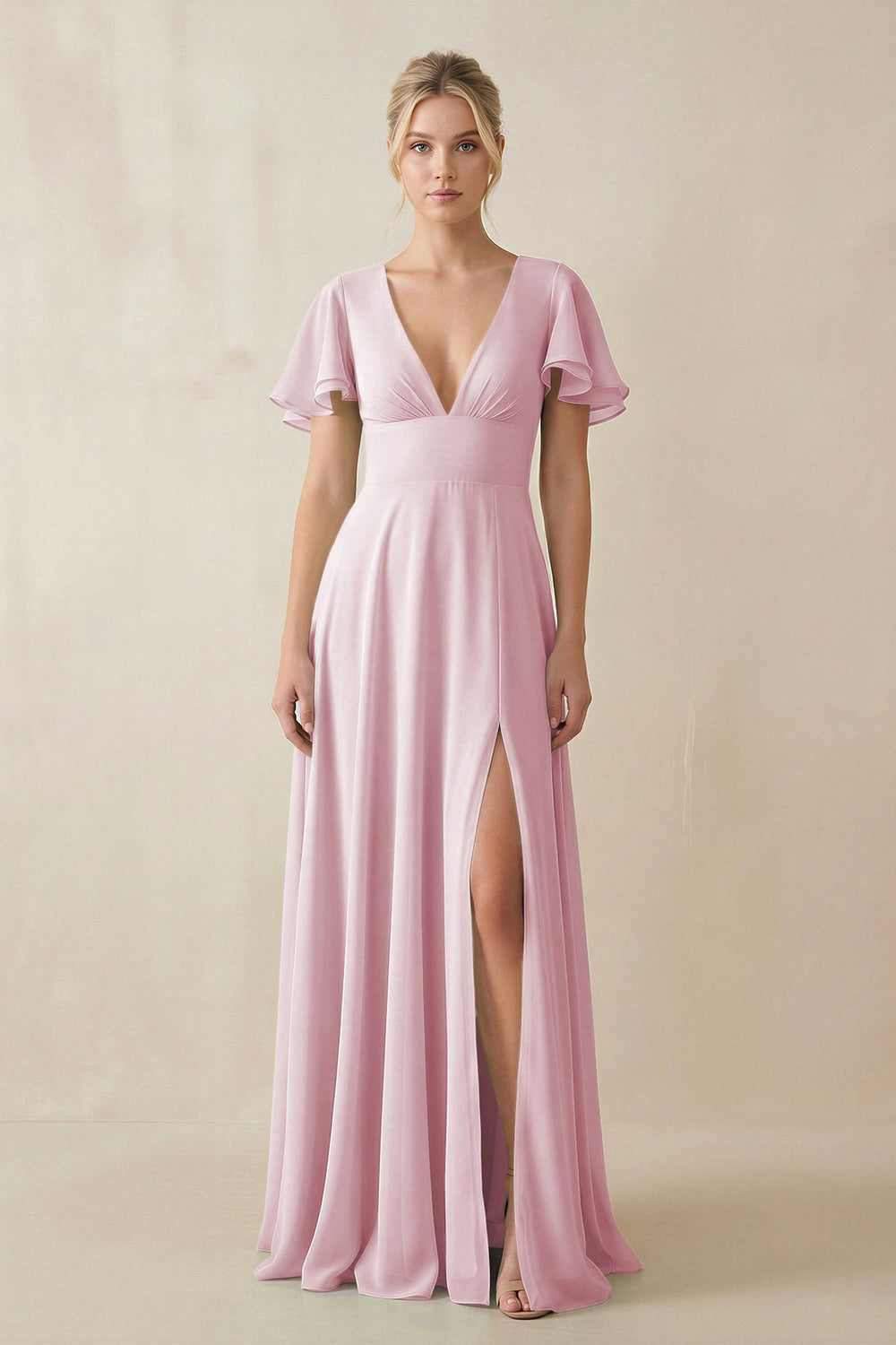 V - Neck Ruffled Short Sleeves A - Line Bridesmaid Dress in Candy Pink - SHE IS ME Bridesmaid Dresses