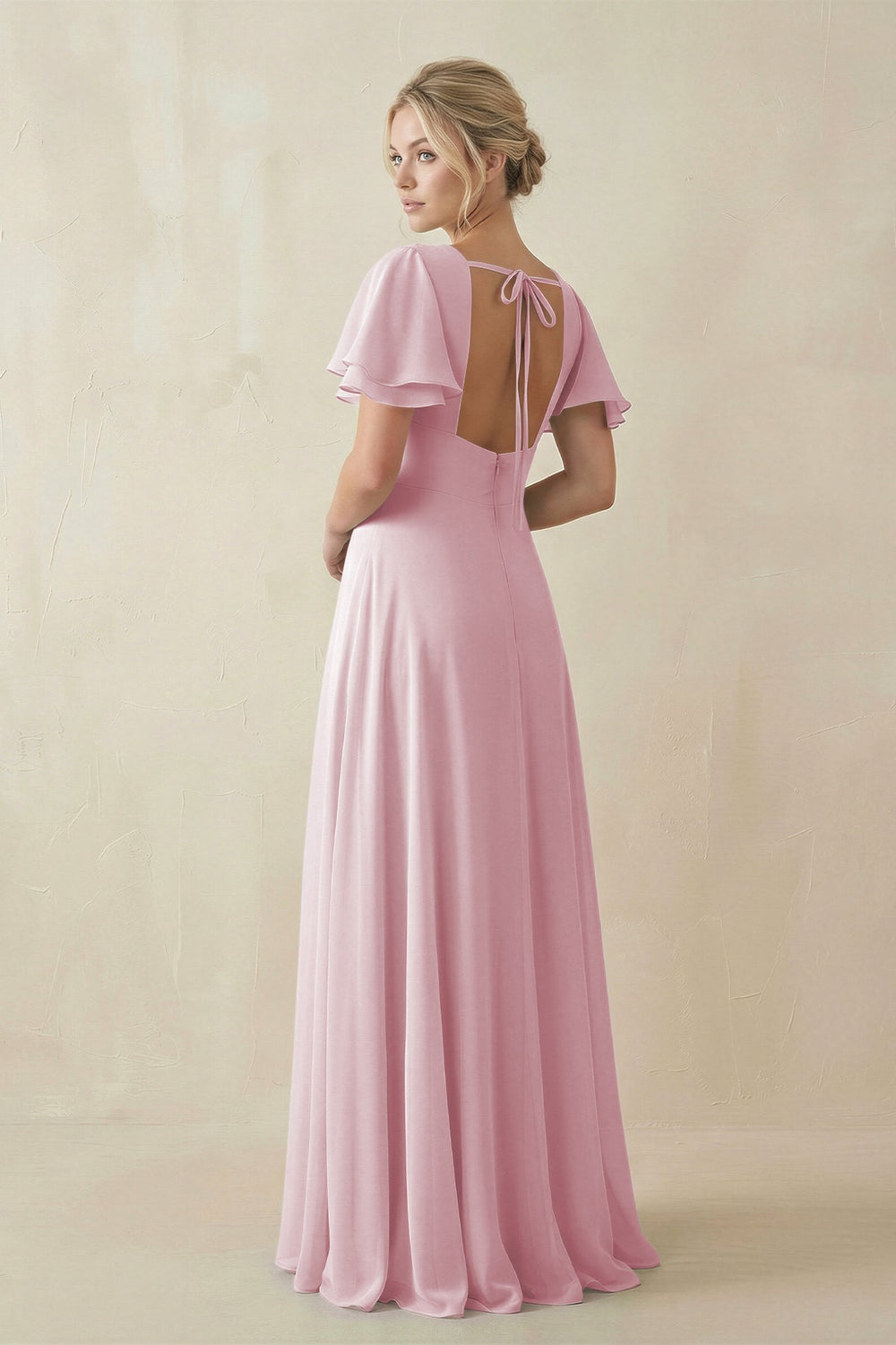 V - Neck Ruffled Short Sleeves A - Line Bridesmaid Dress in Candy Pink - SHE IS ME Bridesmaid Dresses