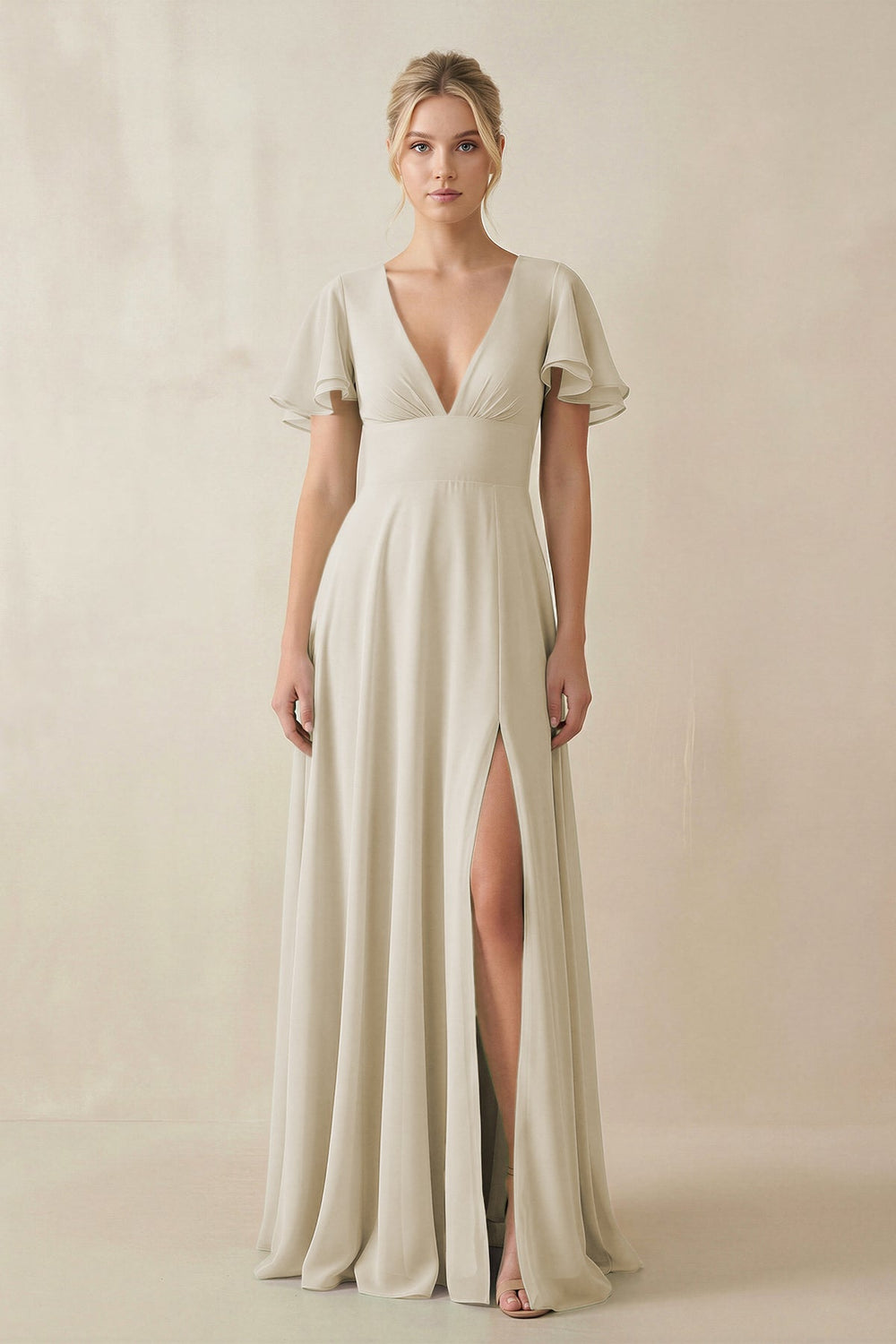 V - Neck Ruffled Short Sleeves A - Line Bridesmaid Dress in Dove Gray - SHE IS ME Bridesmaid Dresses