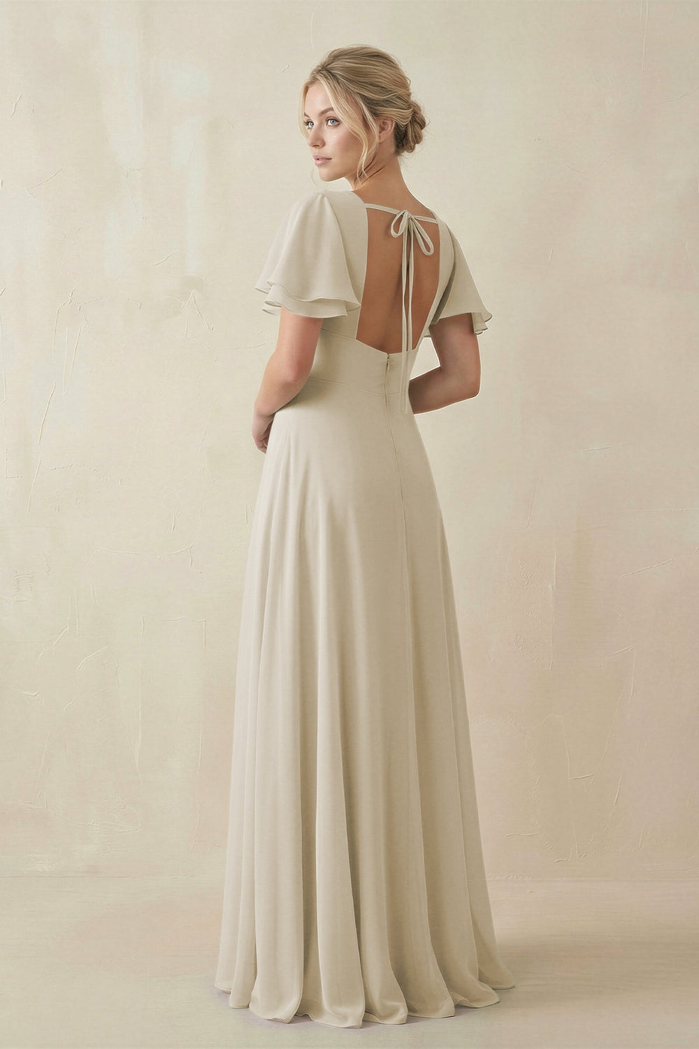 V - Neck Ruffled Short Sleeves A - Line Bridesmaid Dress in Dove Gray - SHE IS ME Bridesmaid Dresses