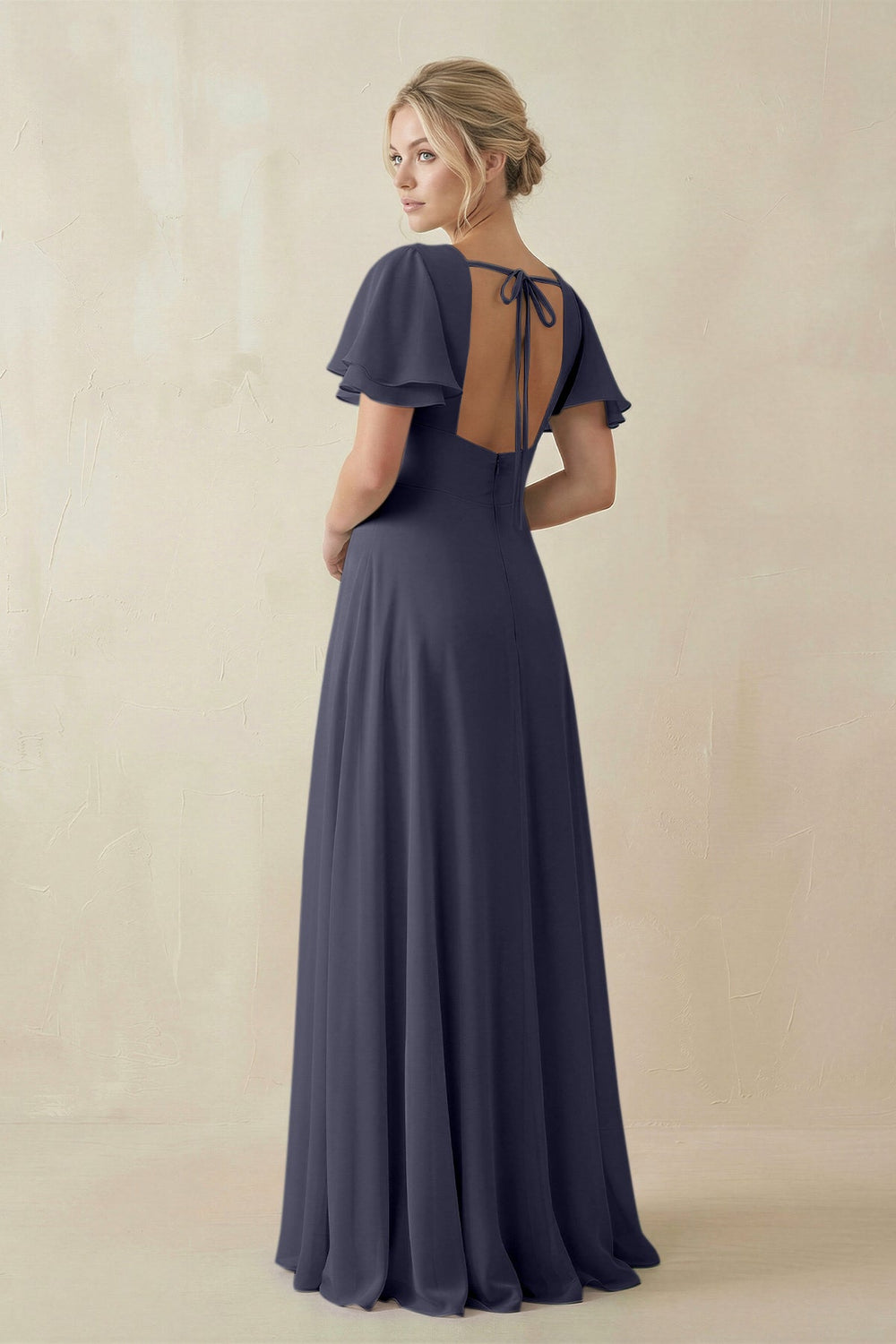 V - Neck Ruffled Short Sleeves A - Line Bridesmaid Dress in Dusk Blue - SHE IS ME Bridesmaid Dresses