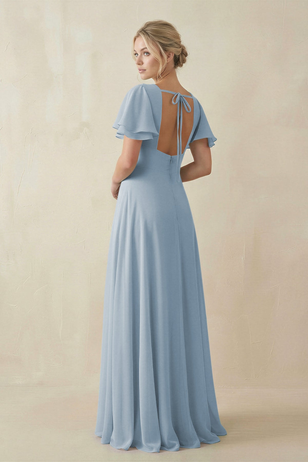 V - Neck Ruffled Short Sleeves A - Line Bridesmaid Dress in Dusty Blue - SHE IS ME Bridesmaid Dresses