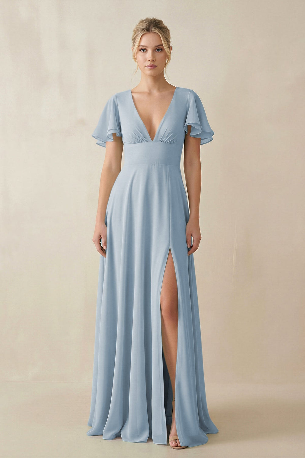 V - Neck Ruffled Short Sleeves A - Line Bridesmaid Dress in Dusty Blue - SHE IS ME Bridesmaid Dresses